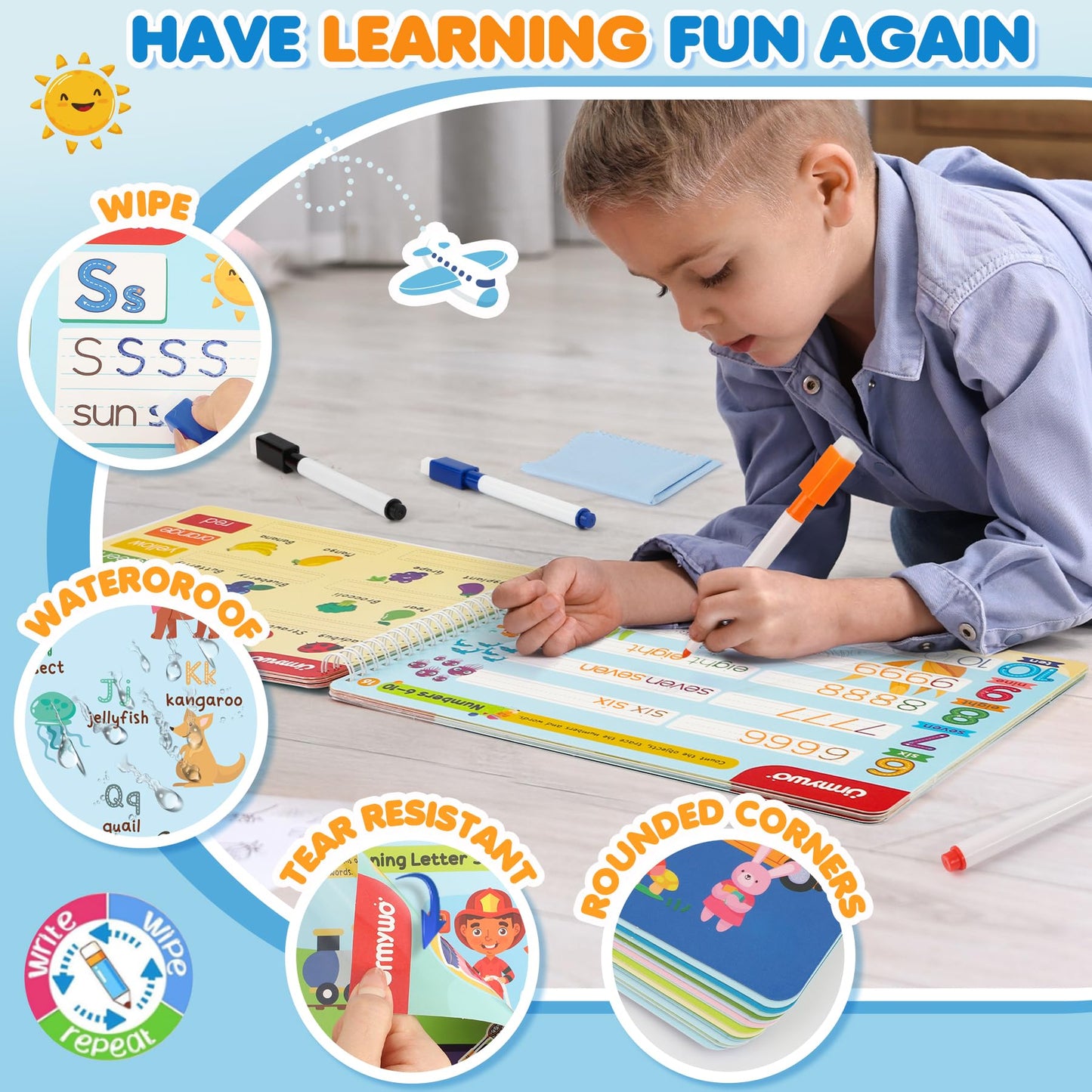 URMYWO reusable kindergarten tracing book opened to alphabet tracing page with illustrations.