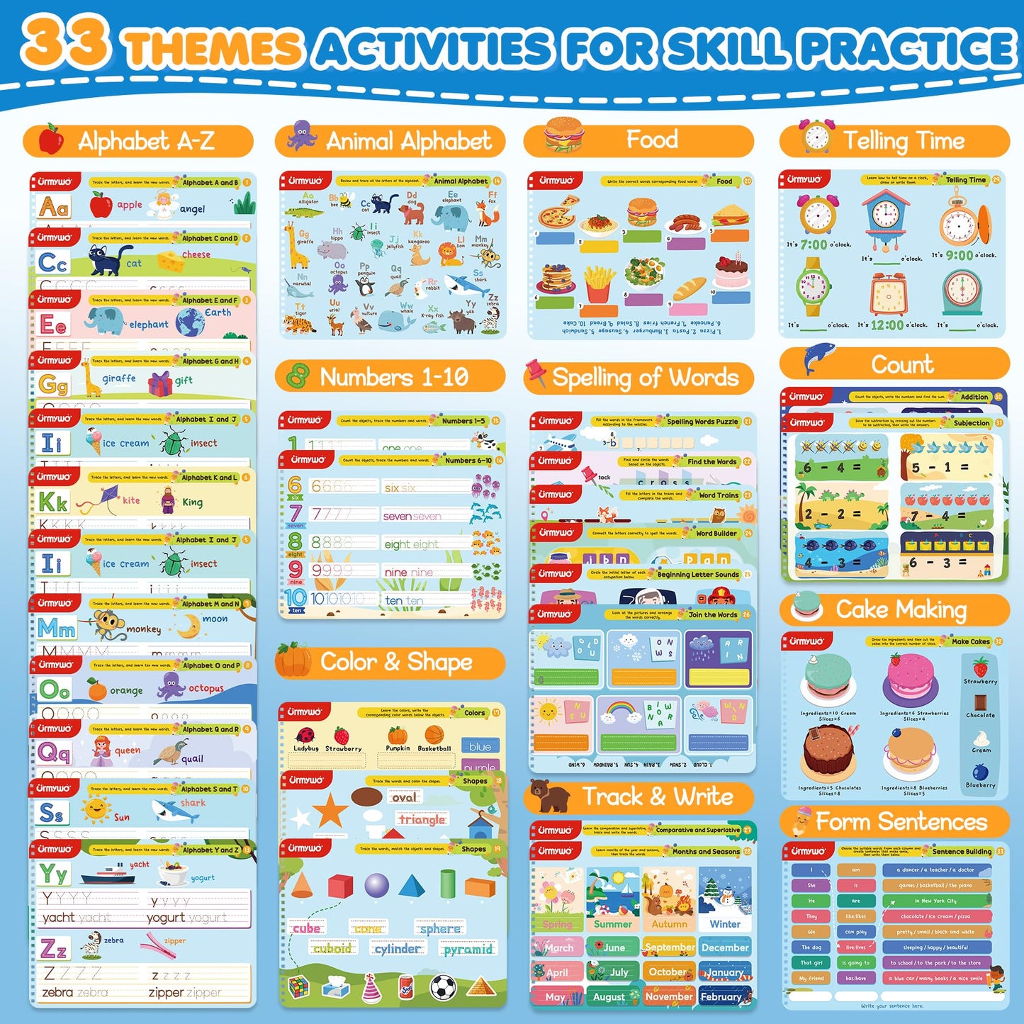 Complete set package of URMYWO kindergarten workbook with all accessories displayed.