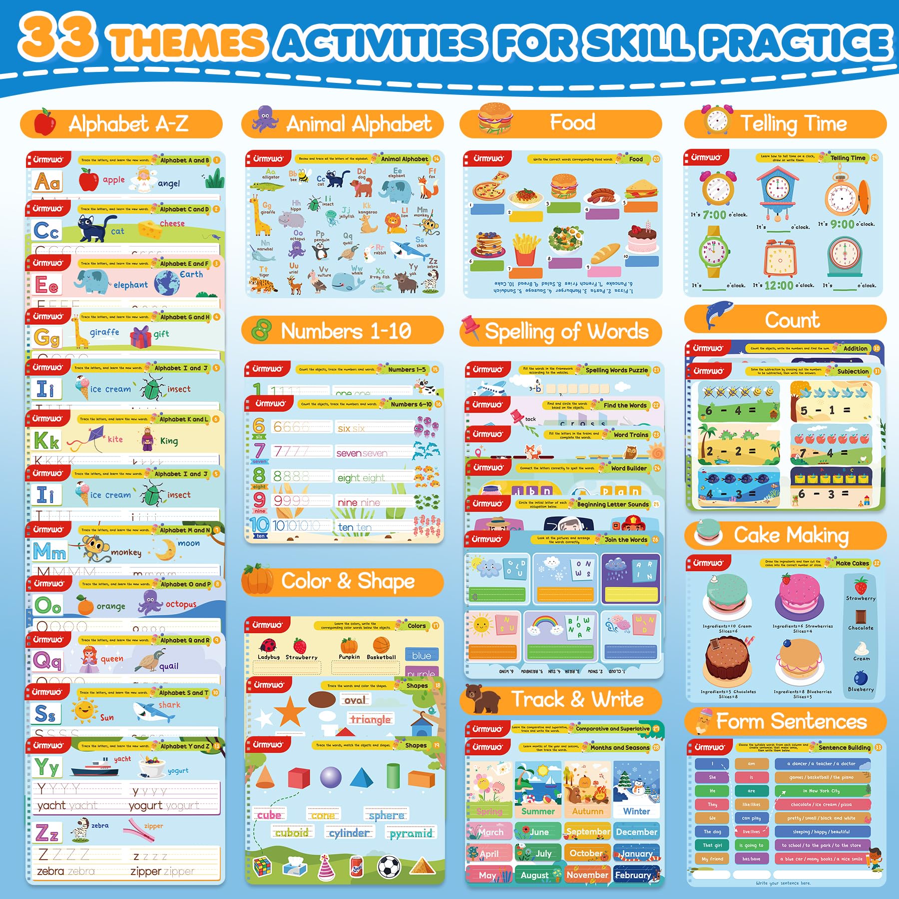 Complete set package of URMYWO kindergarten workbook with all accessories displayed.