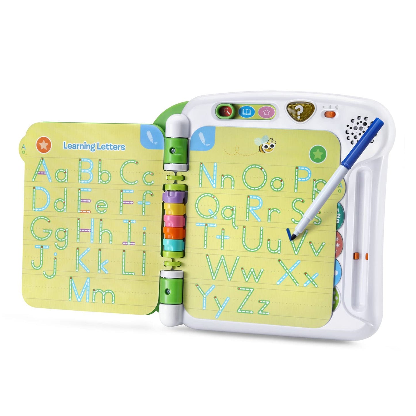 Close up of the smart hint button and volume control on the LeapFrog preschool book.