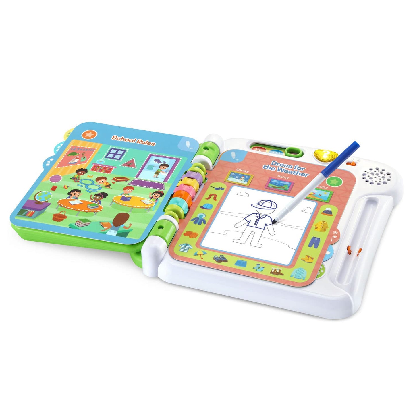 Child using the included erasable marker on the reusable LeapFrog writing pages.