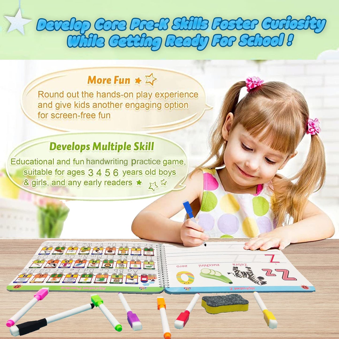 Wipe-clean toddler handwriting practice binder with colorful dry-erase markers and sponge eraser.