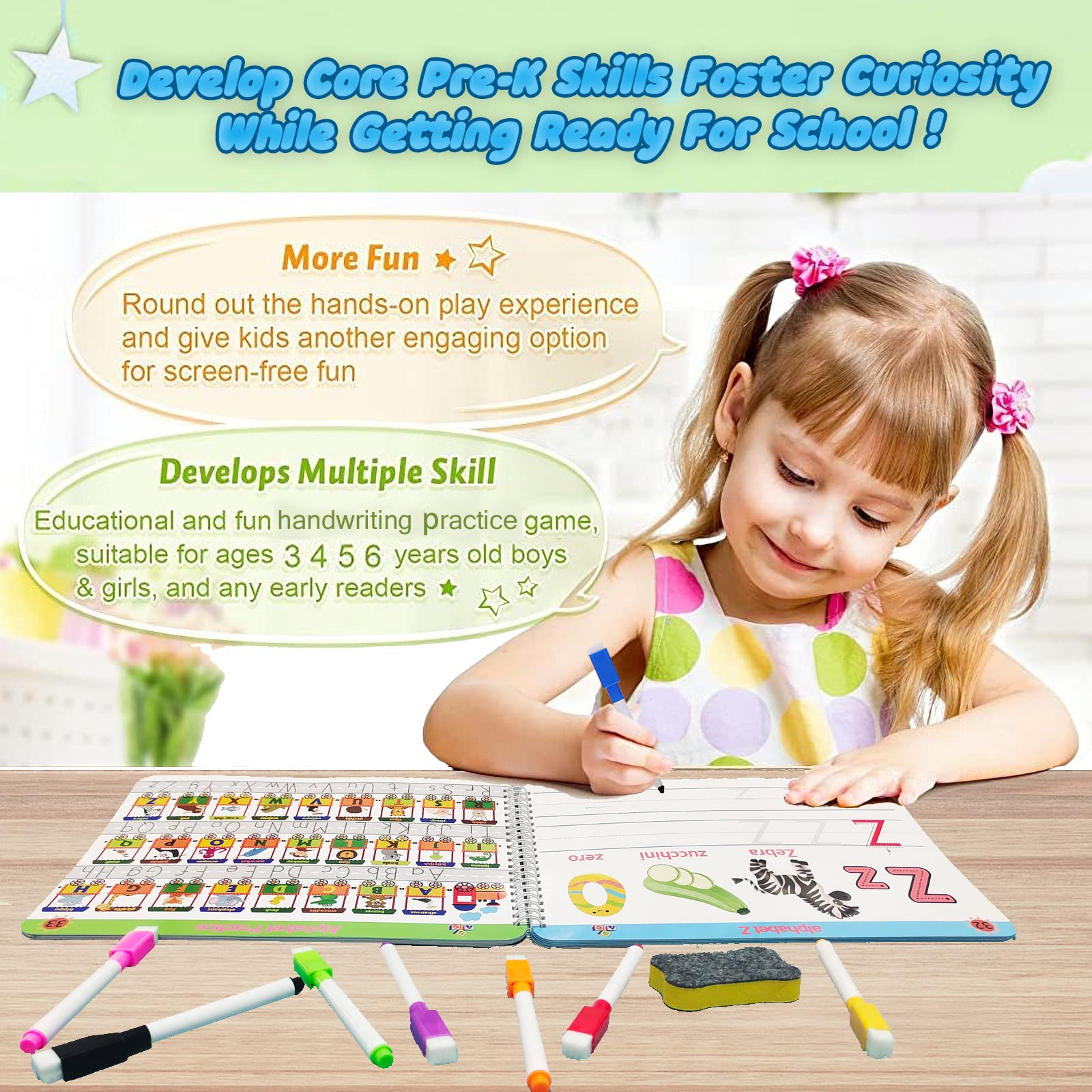 Wipe-clean toddler handwriting practice binder with colorful dry-erase markers and sponge eraser.
