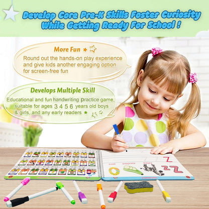 Wipe-clean toddler handwriting practice binder with colorful dry-erase markers and sponge eraser.