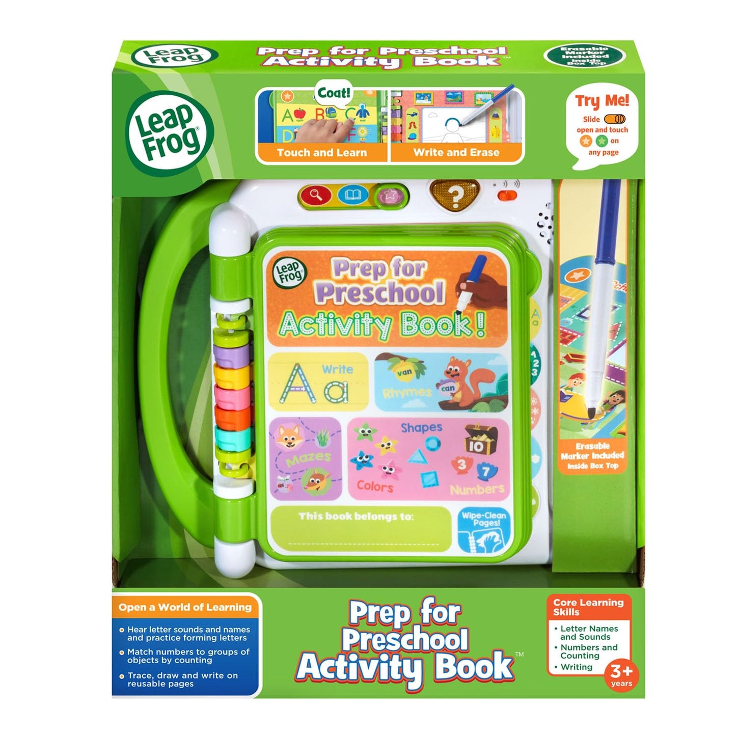 Back view of the LeapFrog electronic activity book showing the battery compartment setup.