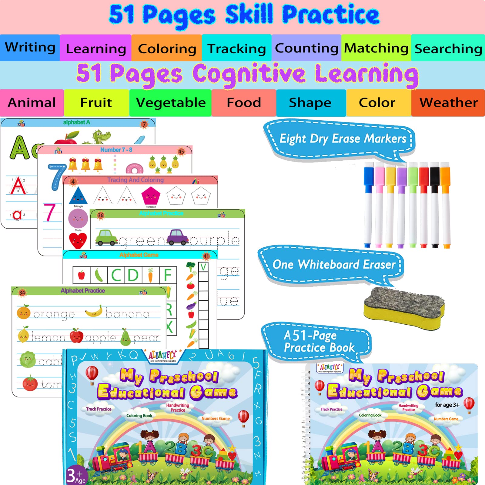 Montessori busy book for kids showcasing alphabet tracing and counting exercises.
