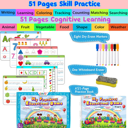 Montessori busy book for kids showcasing alphabet tracing and counting exercises.