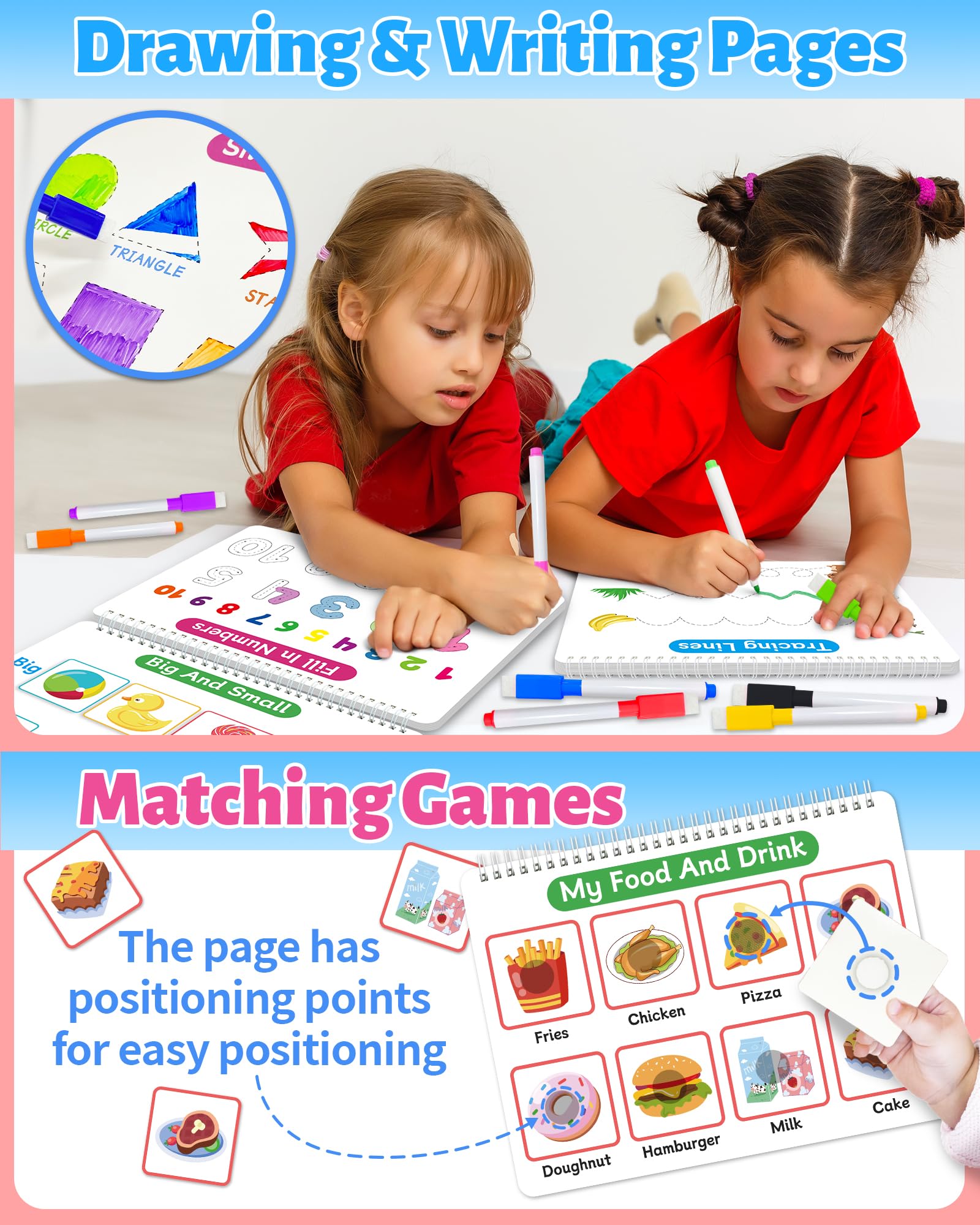 Benresive sensory busy book showing the fifteen drawing pages and eight colorful markers.