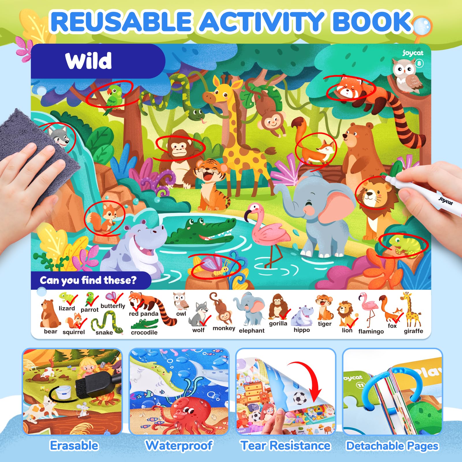 JoyCat preschool learning activity book opened to show the colorful dinosaur search and find adventure page.
