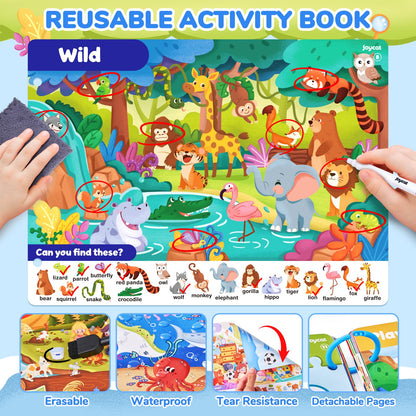 JoyCat preschool learning activity book opened to show the colorful dinosaur search and find adventure page.