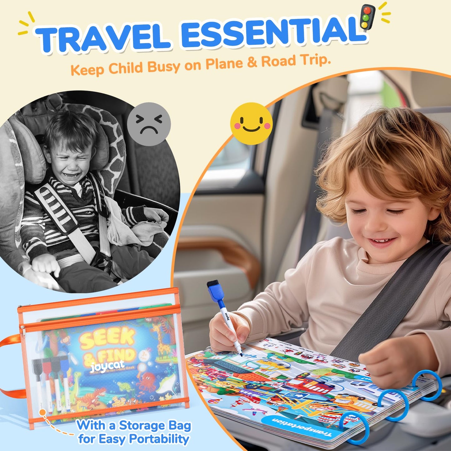 JoyCat travel activities busy book displaying the dry-erase markers and cleaning cloth included in the set.