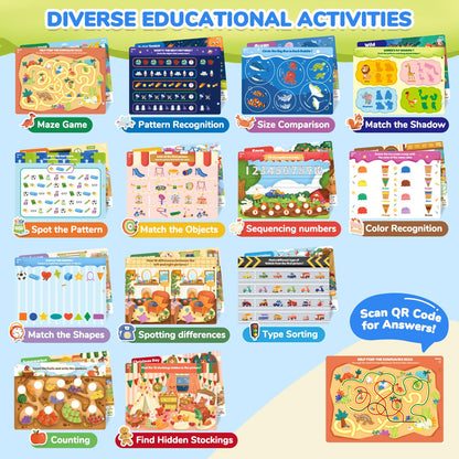 JoyCat educational game book showcasing the educational maze and counting puzzle activities on the back pages.