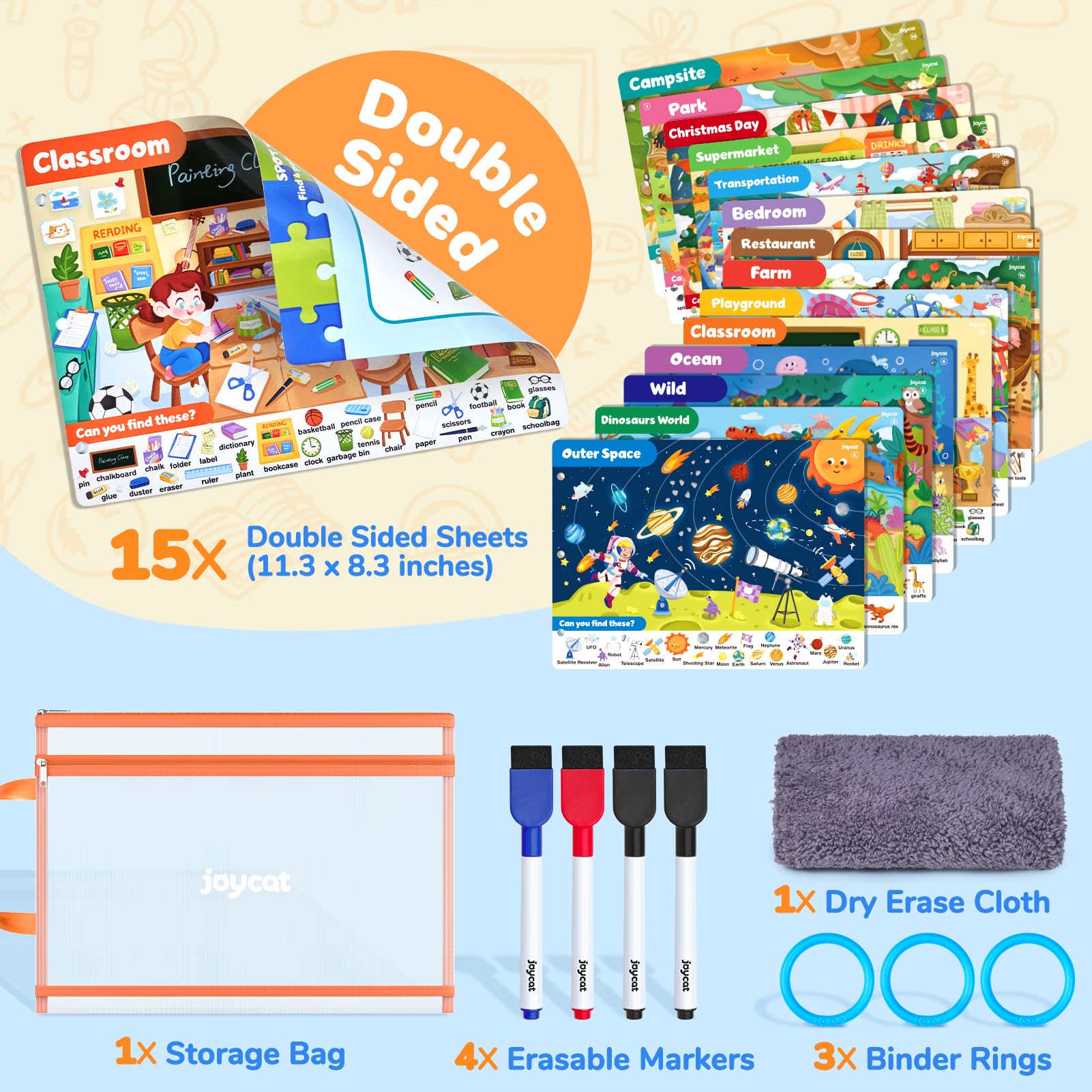 JoyCat toddler travel toy set organized neatly inside the handy portable storage bag.