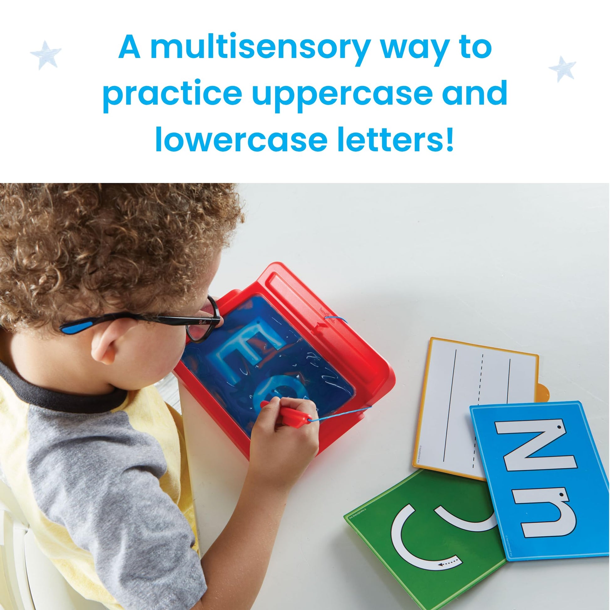 Close-up of the child-friendly stylus tracing through the translucent sensory gel.