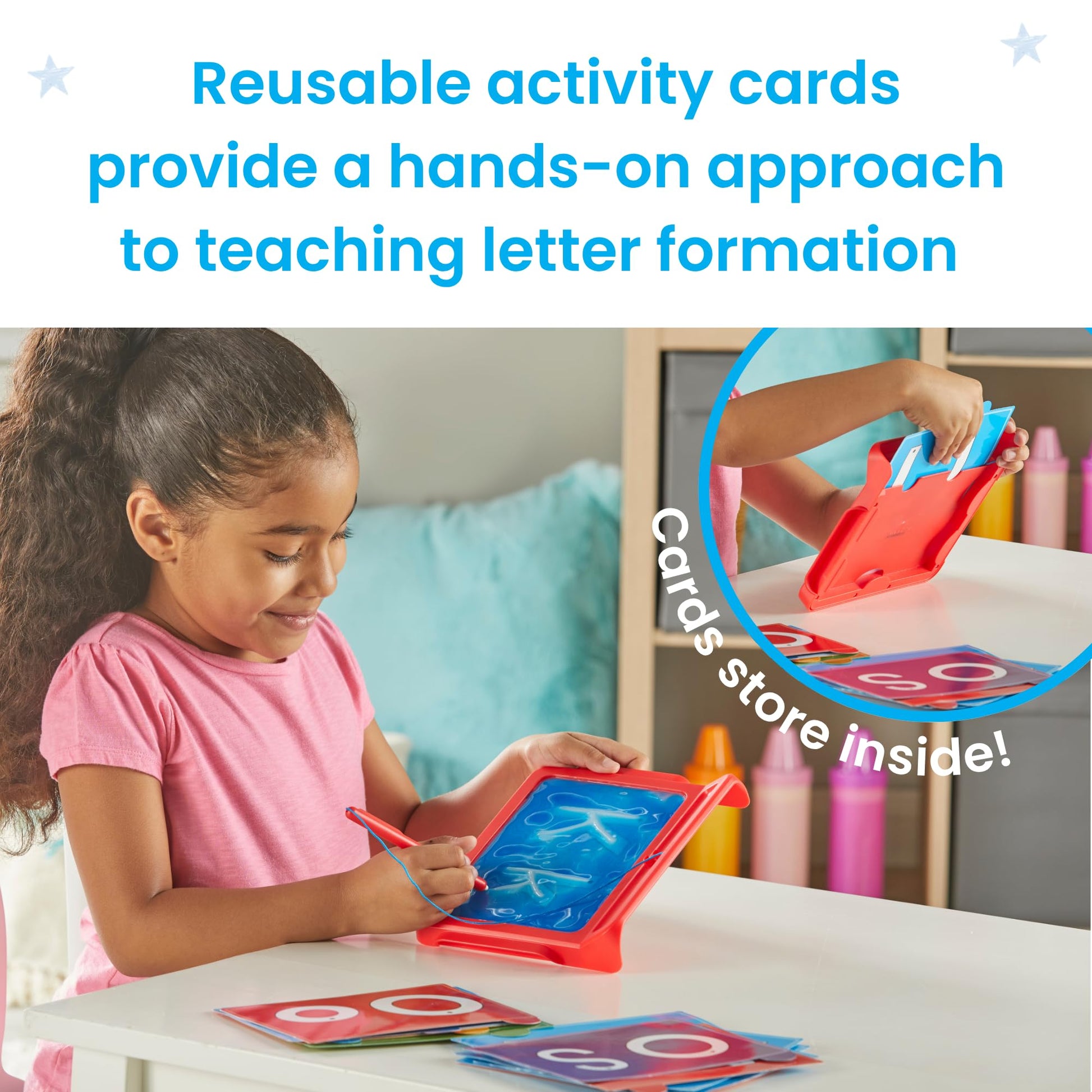 The 16 double-sided educational activity cards included with the Montessori alphabet toy.