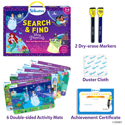 Skillmatics Disney Princess write and wipe activity mats displayed with included dry erase markers and duster cloth.