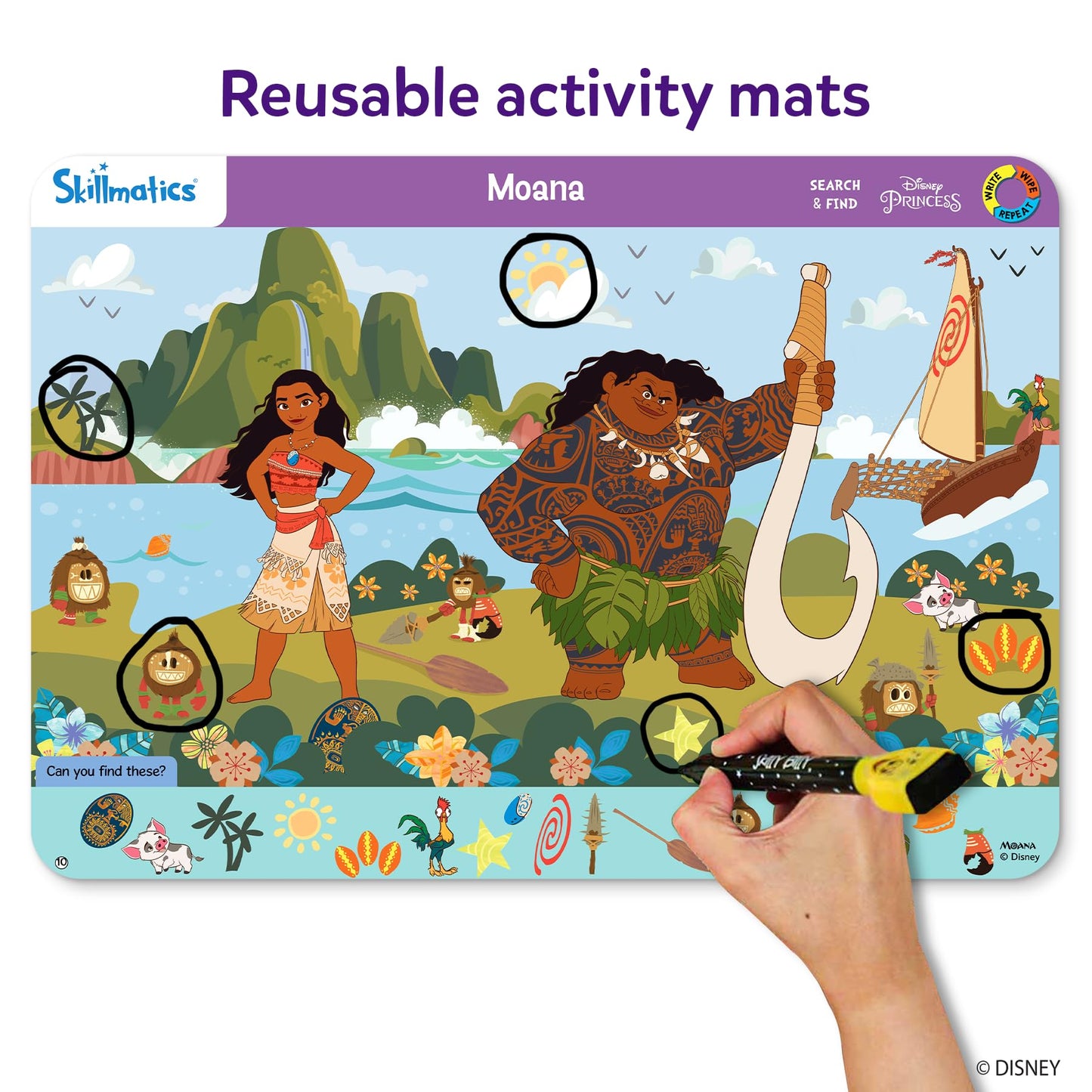Close up view of the colorful Cinderella and Moana search and find scenes on the double sided learning sheets.
