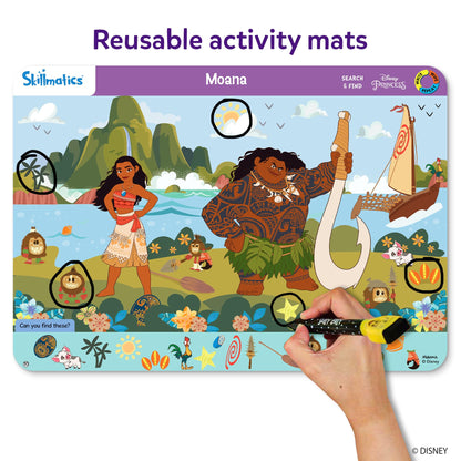 Close up view of the colorful Cinderella and Moana search and find scenes on the double sided learning sheets.