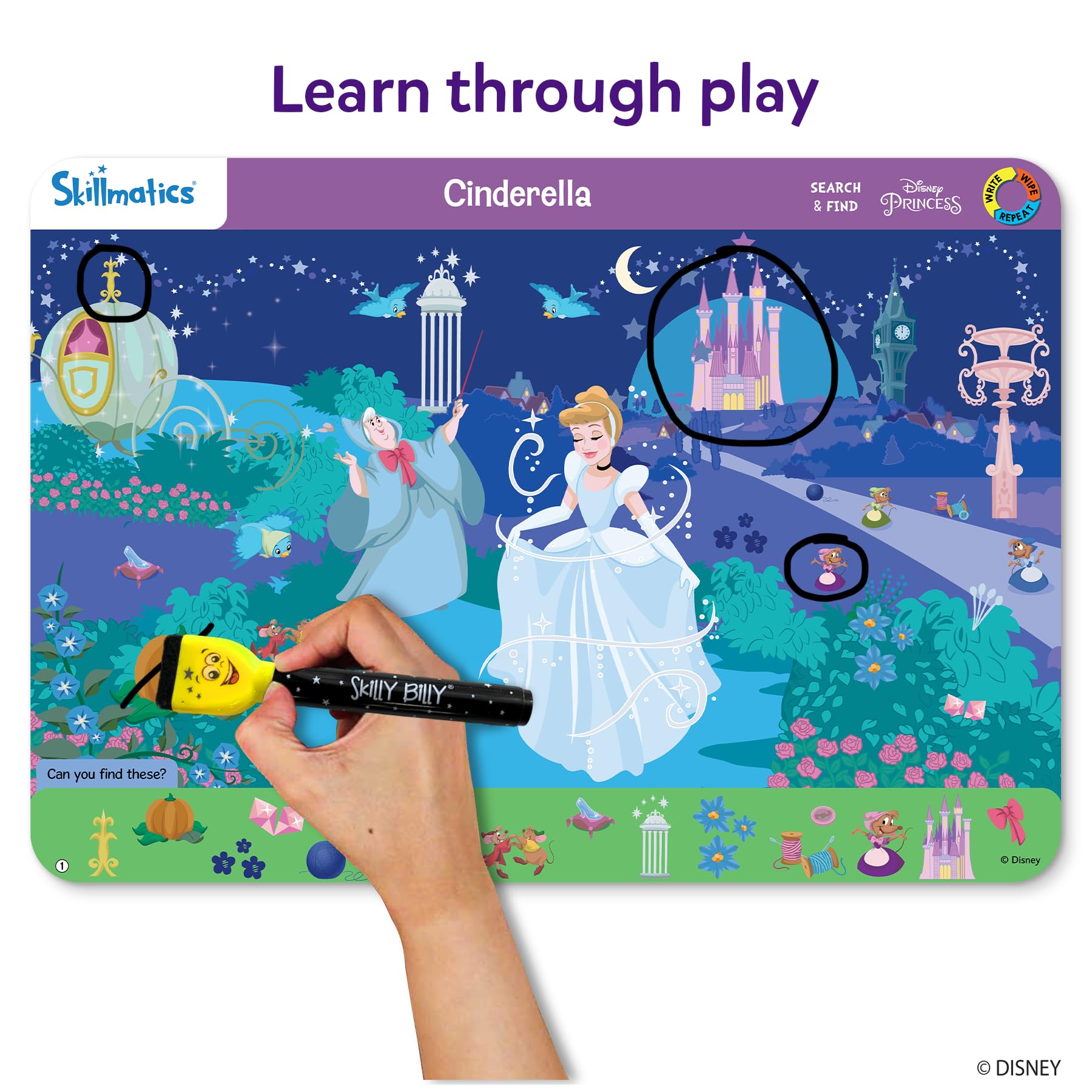 Toddler educational game components showcasing twelve repeatable challenges designed by educators for skill development.