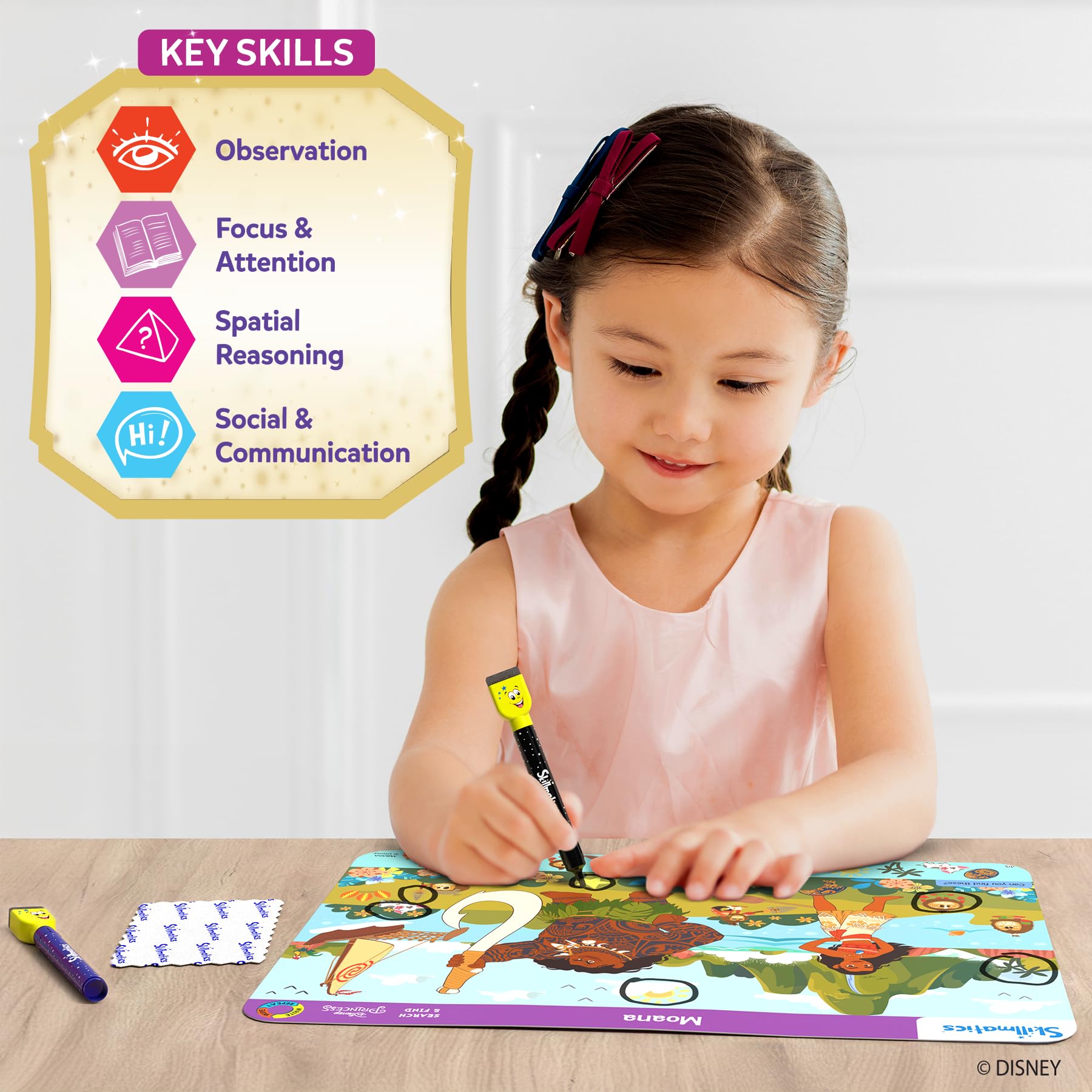 Skillmatics Disney Princess search and find game packaging back view highlighting spatial reasoning and mental processing benefits.