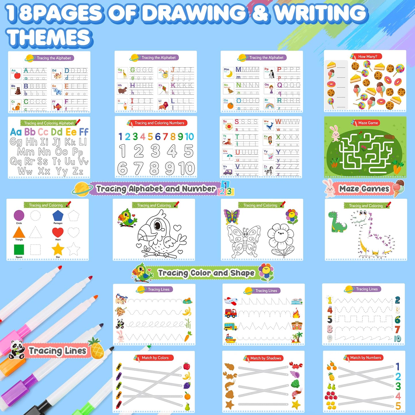 URMYWO reusable tracing and coloring book featuring thirty six core concepts with dry erase markers.