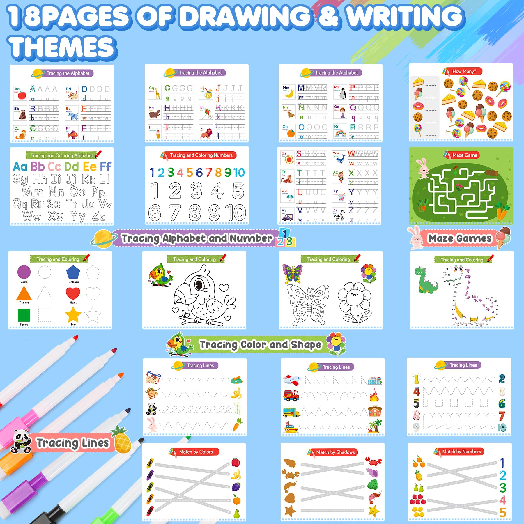 URMYWO reusable tracing and coloring book featuring thirty six core concepts with dry erase markers.