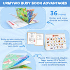 URMYWO autism sensory travel toy showing thick cardboard pages and strong reusable velcro stickers.