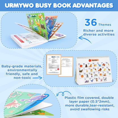 URMYWO autism sensory travel toy showing thick cardboard pages and strong reusable velcro stickers.