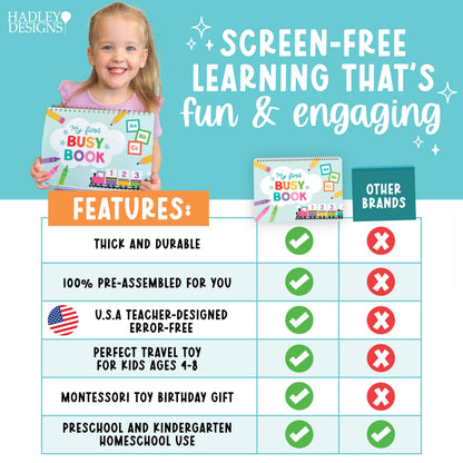 Hadley Designs interactive preschool book with the included piece storage bag layout.