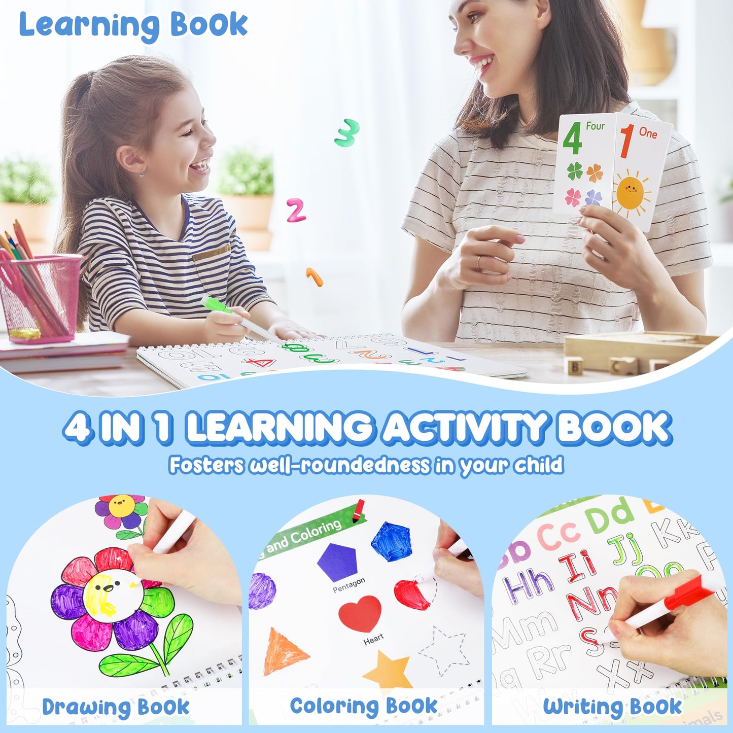 URMYWO preschool learning binder displaying fine motor skill exercises and animal theme recognition elements.