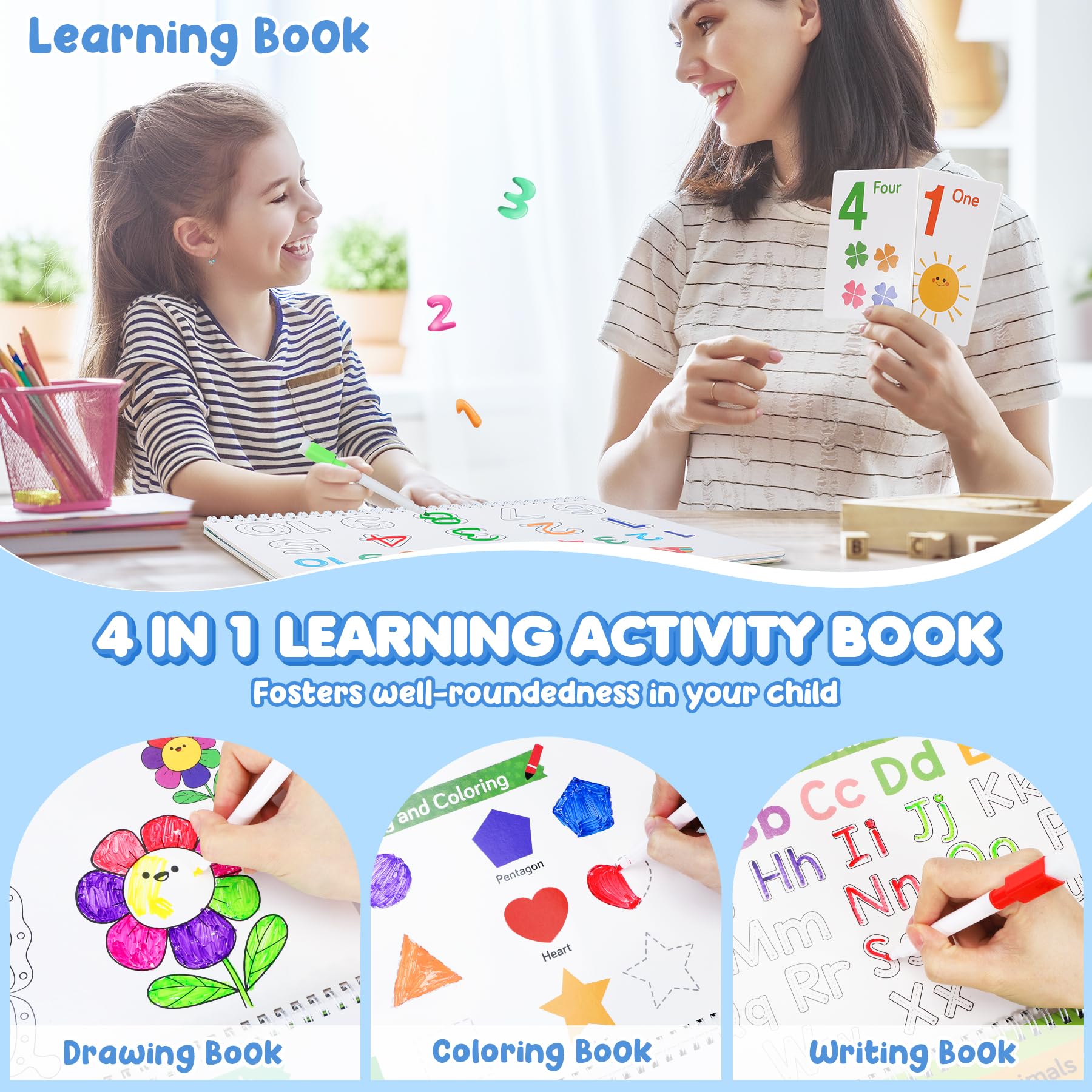 URMYWO preschool learning binder displaying fine motor skill exercises and animal theme recognition elements.