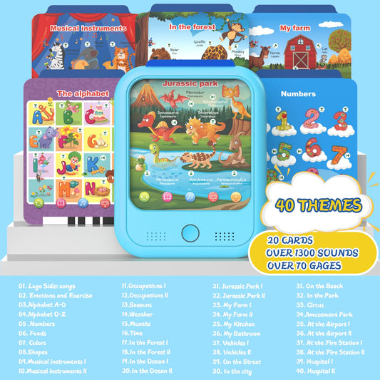 Puzcande toddler screen-free learning pad showing the insertion of a double-sided educational card.