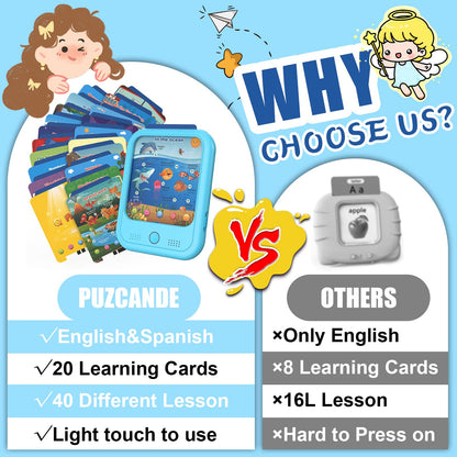 Full collection of the twenty double-sided thematic cards included with the Puzcande learning pad.