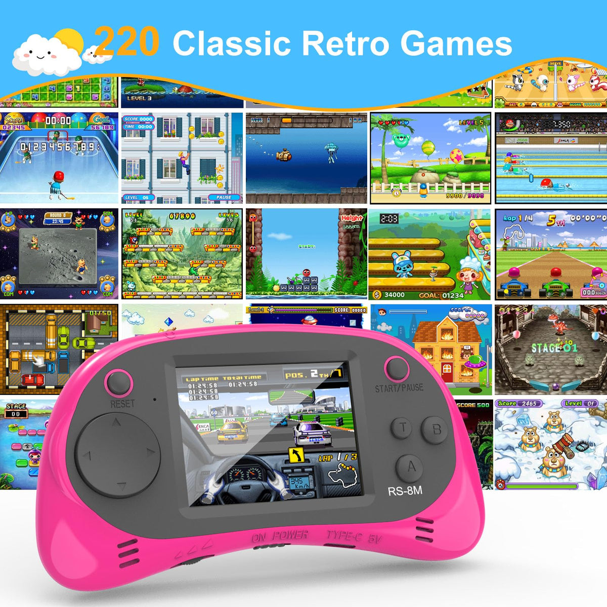 EASEGMER retro style handheld console showcasing the type-c rechargeable battery slot