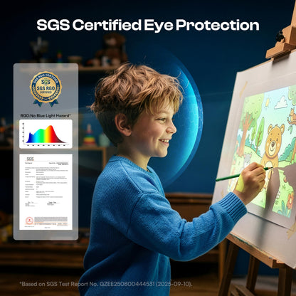 Caydo children drawing system showing automatic keystone correction and manual focus alignment