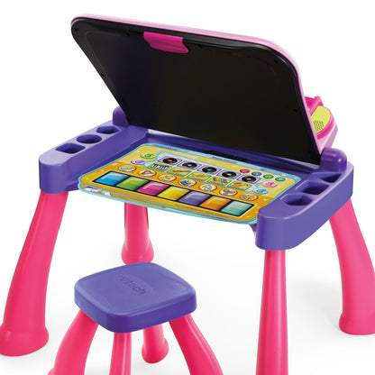 VTech Touch and Learn Activity Desk Deluxe Pink close up view of the electronic LED display screen