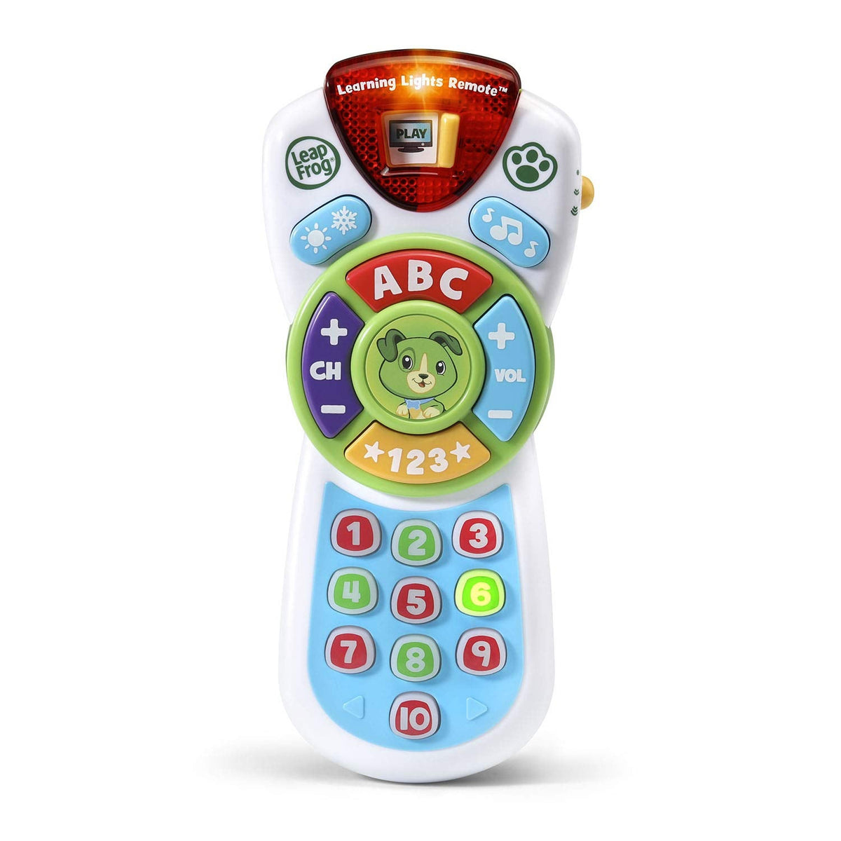 LeapFrog interactive toddler remote control toy with ten flashing number lights illuminated.
