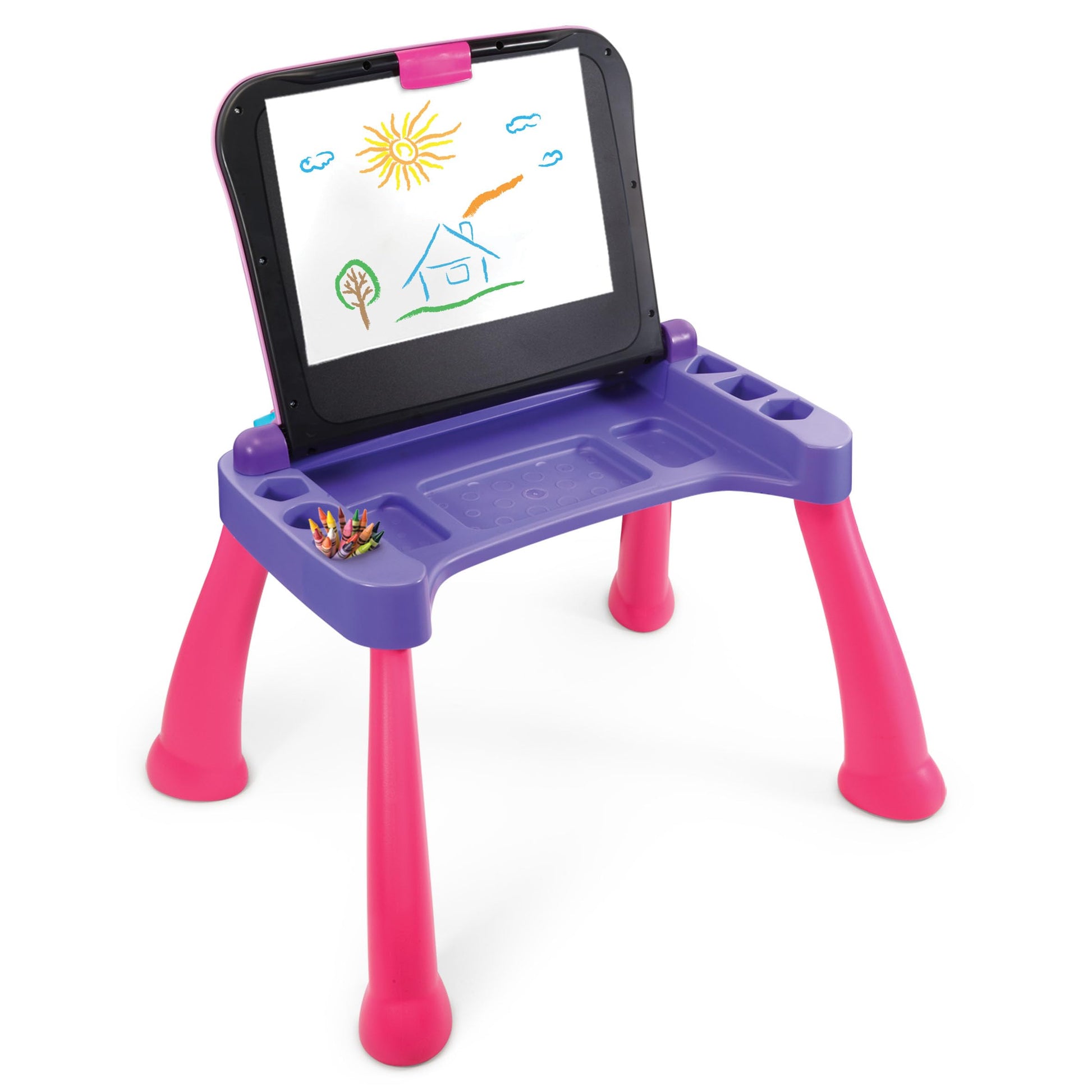 VTech Touch and Learn Activity Desk Pink showing the toy telephone and music player accessories