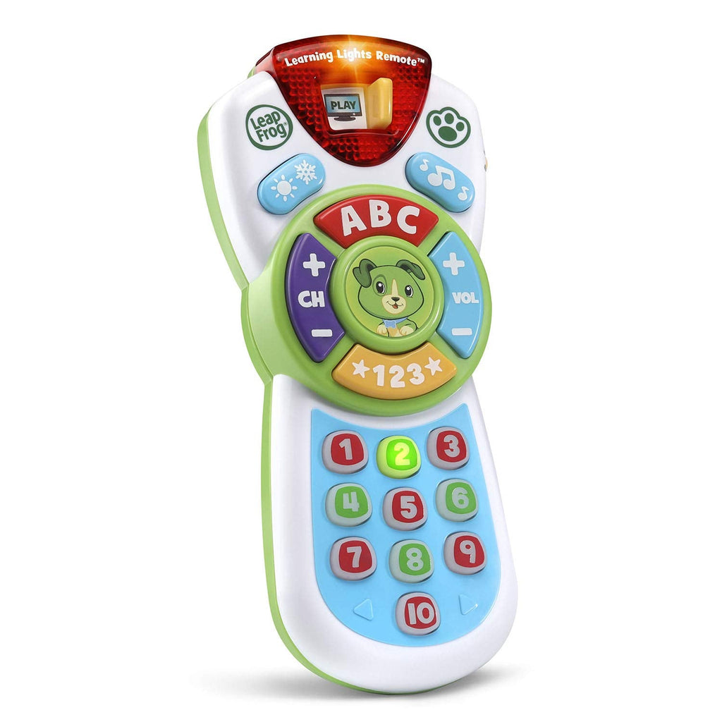 Green LeapFrog Scout electronic remote toy highlighting the weather and music buttons.