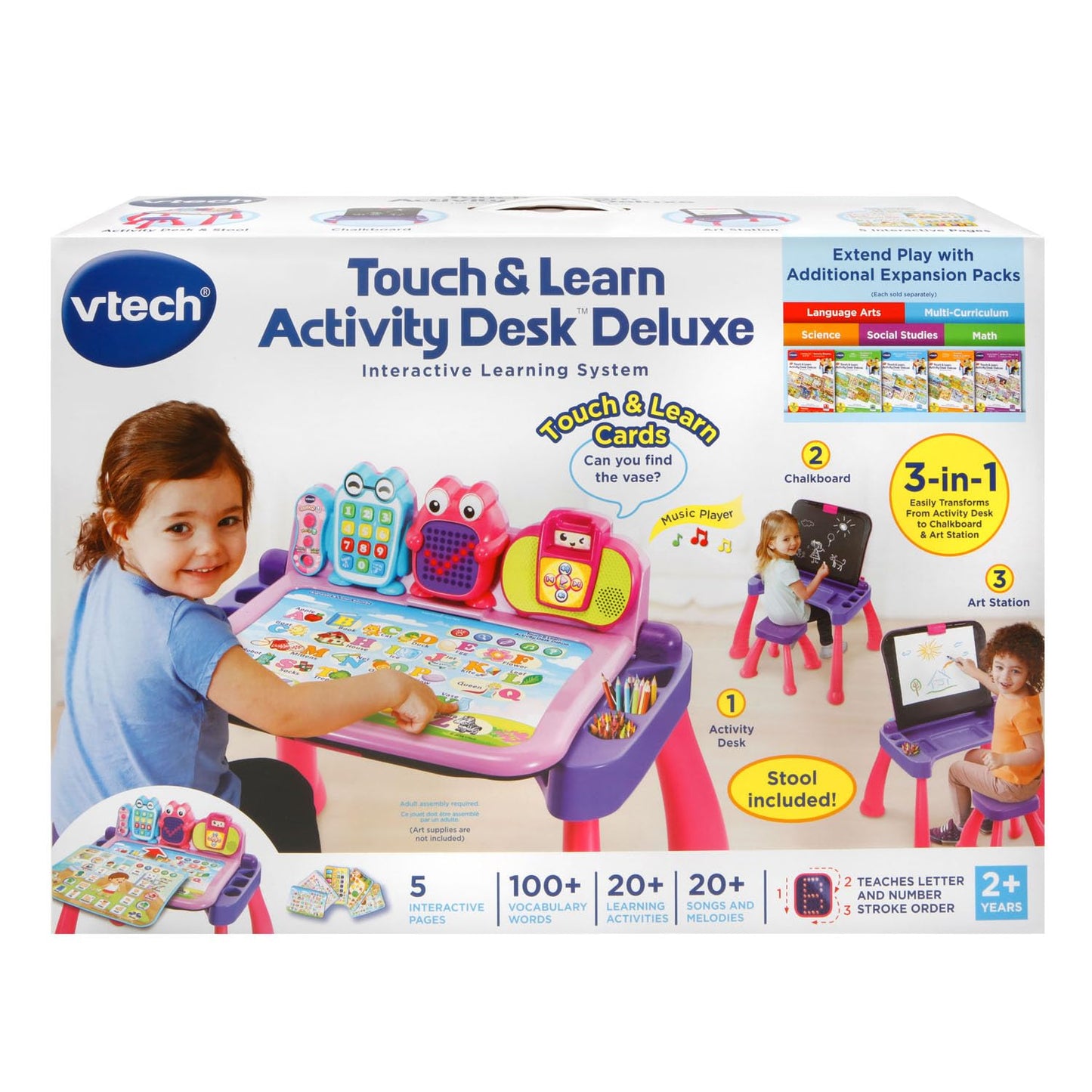 VTech Touch and Learn Activity Desk Pink packaging box showing early childhood development attributes
