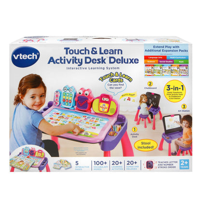 VTech Touch and Learn Activity Desk Pink packaging box showing early childhood development attributes