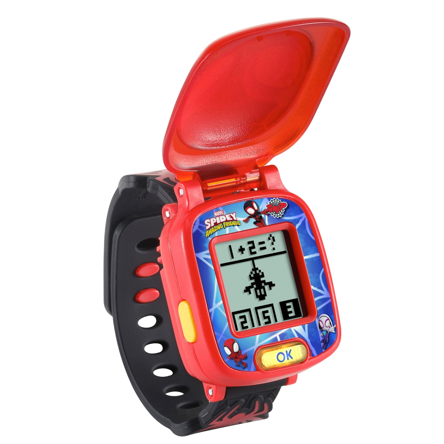 VTech Spidey interactive kids wristwatch opened displaying the digital LCD screen with Miles Morales character graphics.