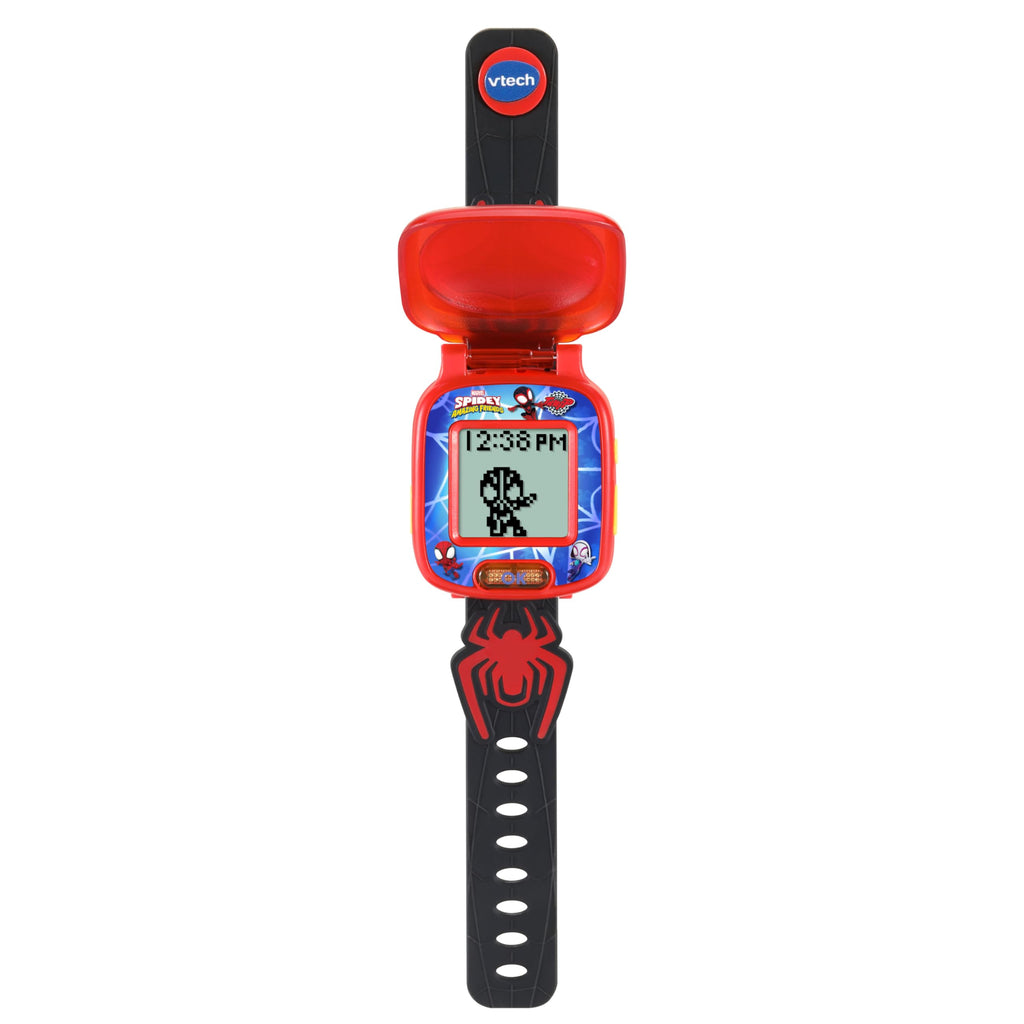 VTech Marvel superhero learning watch showing the adjustable red silicone wrist strap and secure buckle.