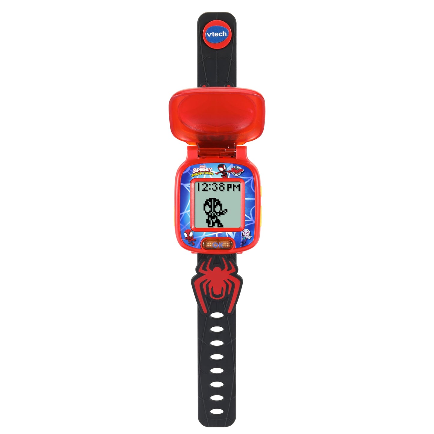 VTech Marvel superhero learning watch showing the adjustable red silicone wrist strap and secure buckle.