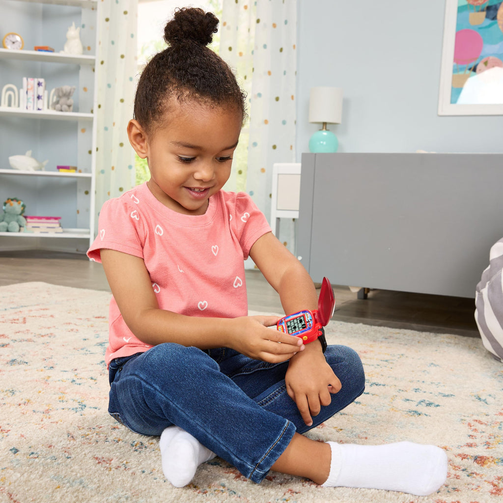 VTech Spidey and His Amazing Friends wearable device packaging displaying preschool educational skill milestones.
