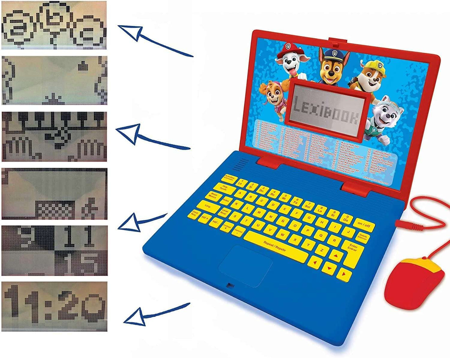 Lexibook Paw Patrol toy laptop package showing 124 English and Spanish learning activities
