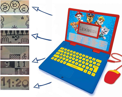 Lexibook Paw Patrol toy laptop package showing 124 English and Spanish learning activities