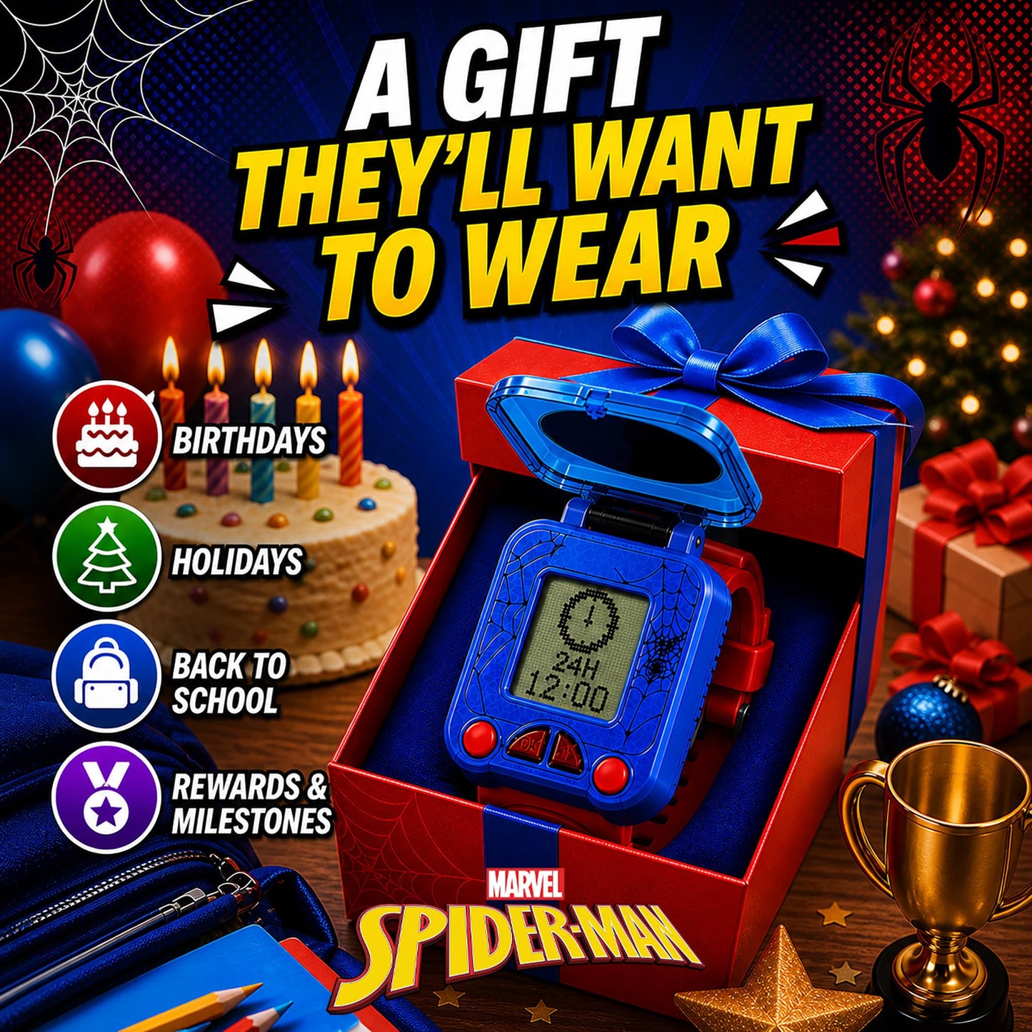 Side profile of the Accutime superhero wrist watch highlighting the comfortable red strap and buckle side