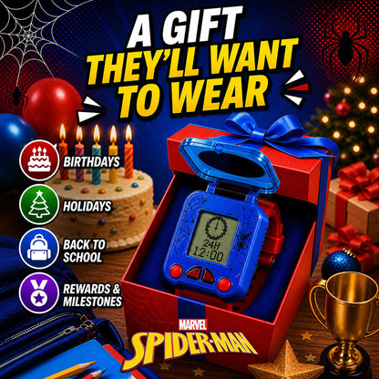 Side profile of the Accutime superhero wrist watch highlighting the comfortable red strap and buckle side