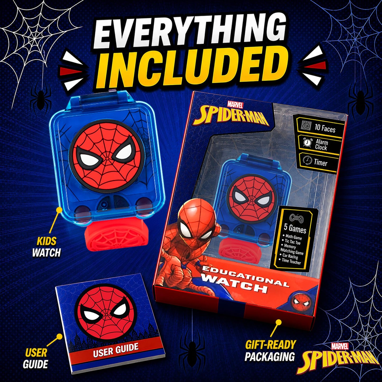 Accutime Spider-Verse learning watch packaging showing the official Marvel licensed branding